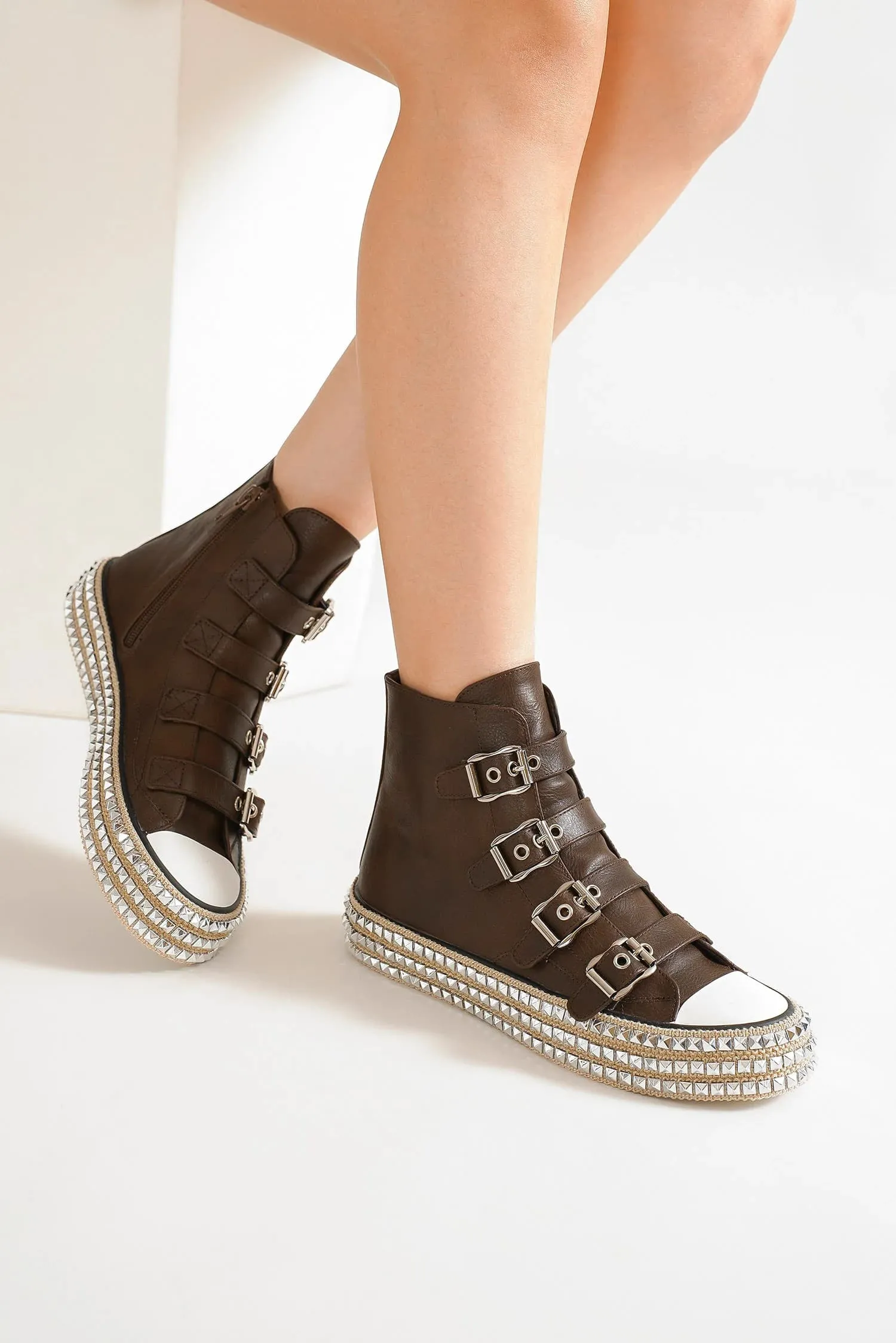 Dark Brown Multi-Buckle Straps Studded Platform Sneakers