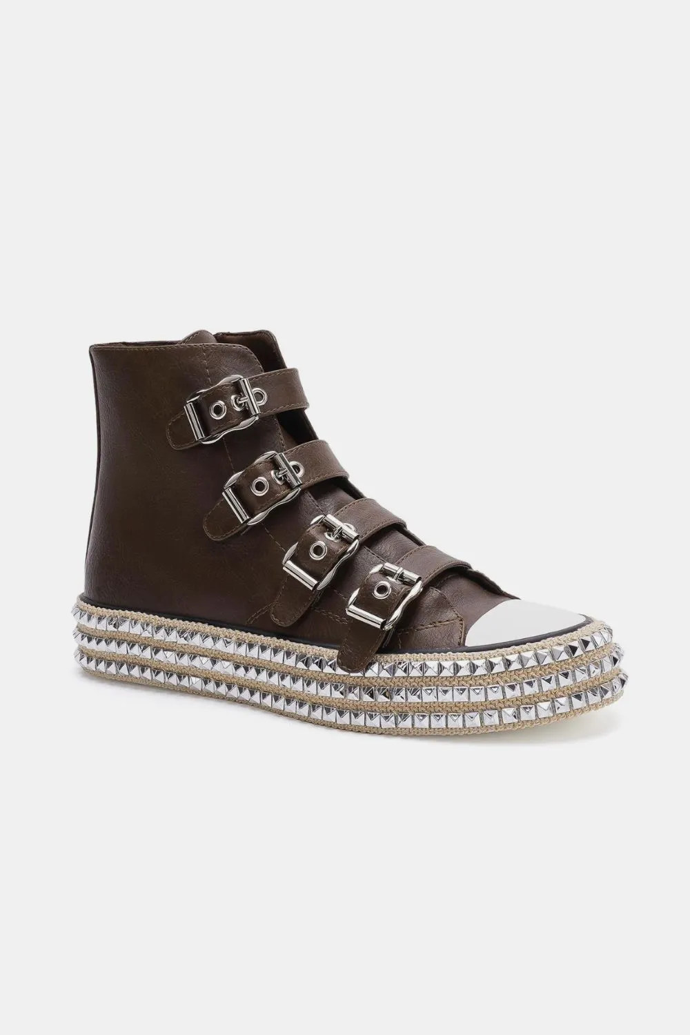 Dark Brown Multi-Buckle Straps Studded Platform Sneakers