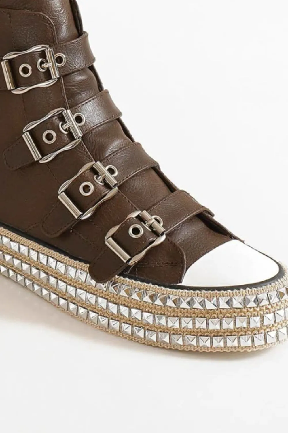 Dark Brown Multi-Buckle Straps Studded Platform Sneakers