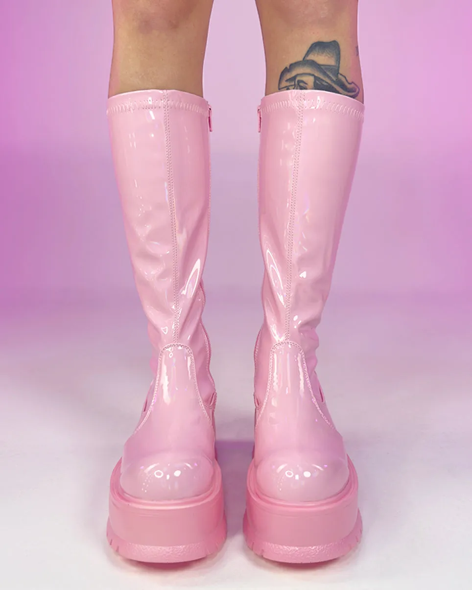 Demonia Slacker Pink Holo Knee High Boots