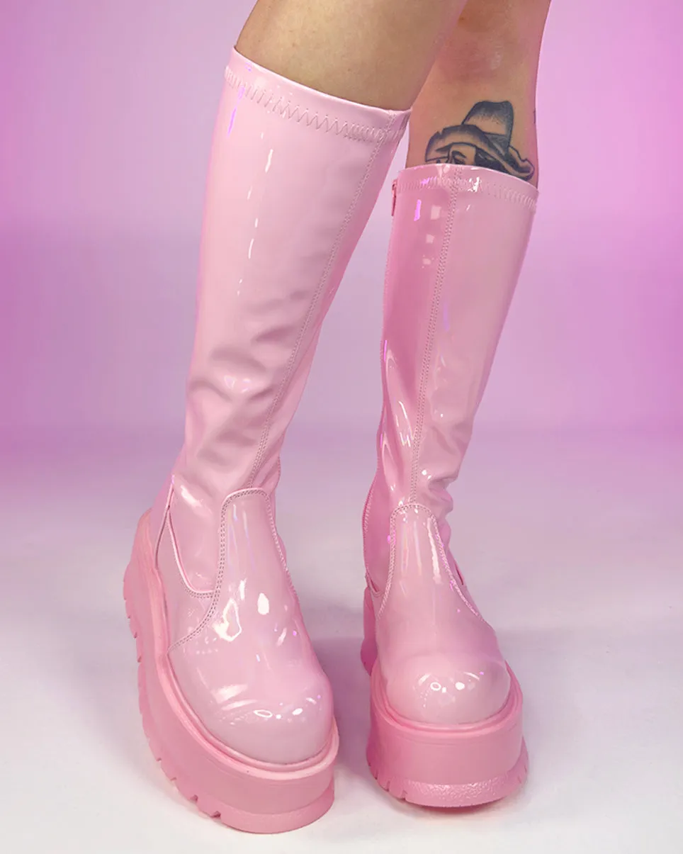 Demonia Slacker Pink Holo Knee High Boots