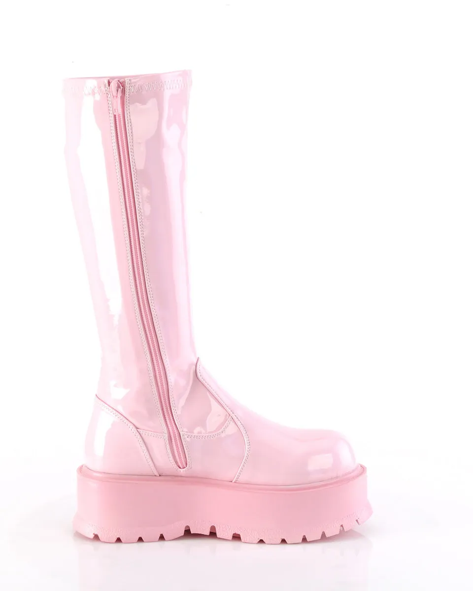 Demonia Slacker Pink Holo Knee High Boots