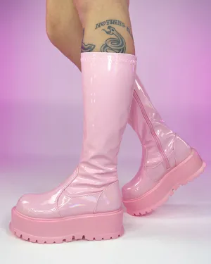 Demonia Slacker Pink Holo Knee High Boots