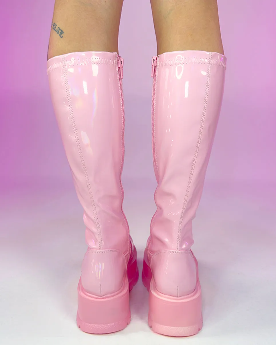 Demonia Slacker Pink Holo Knee High Boots