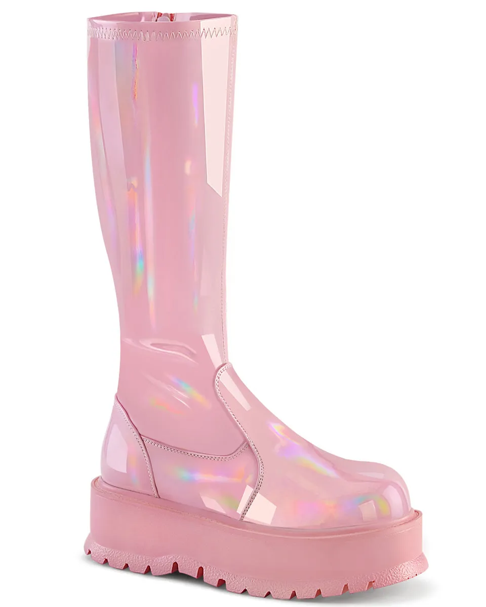 Demonia Slacker Pink Holo Knee High Boots