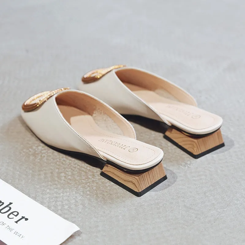 Designer Women Pumps Slippers Slip on Mules Low Heel Casual Shoes British Wooden Block Heels Summer Pumps Footwear