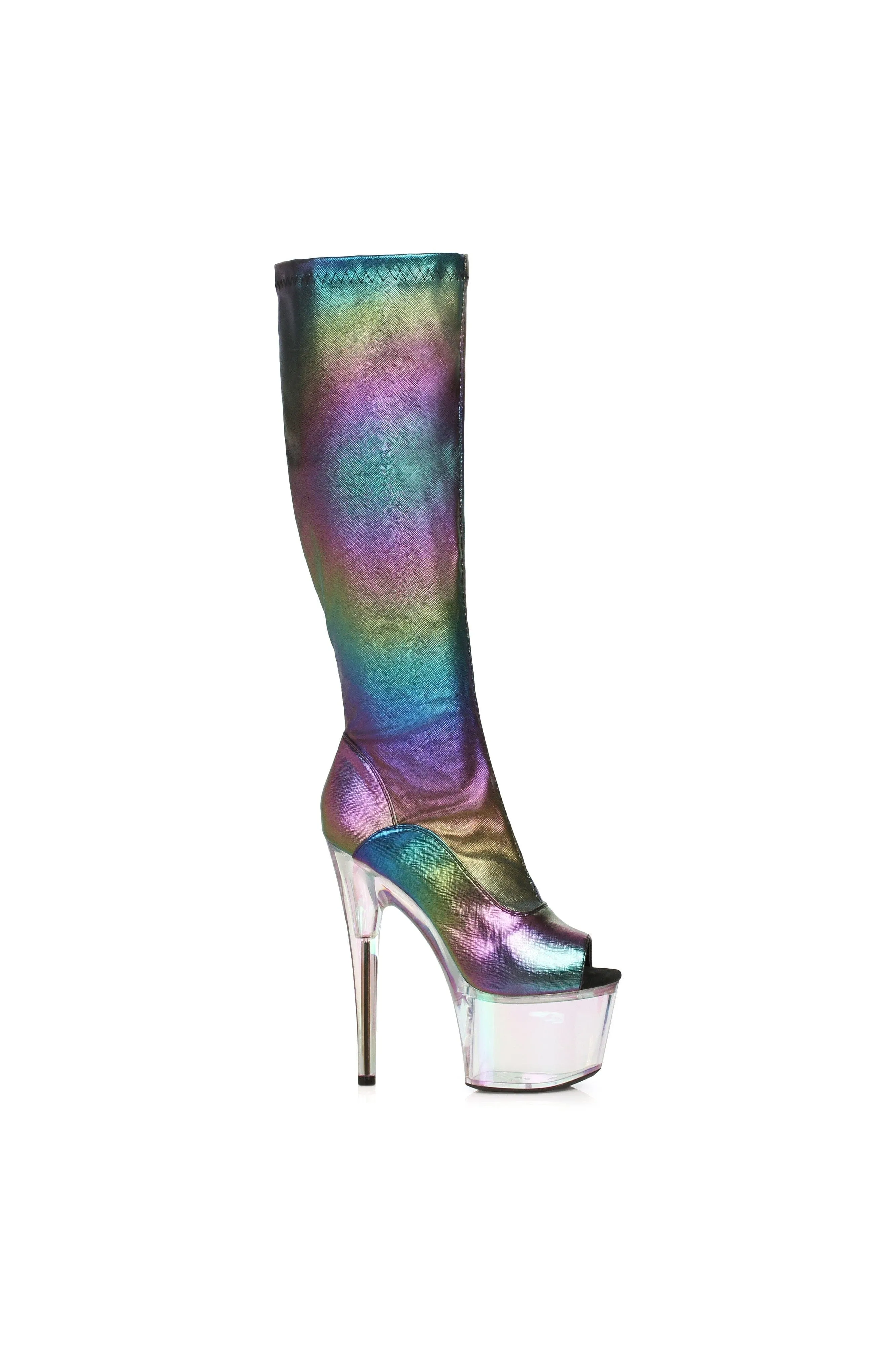 Ellie 709-BRANDY 7" Iridescent Knee High Boot With Rainbow Tinted Platform