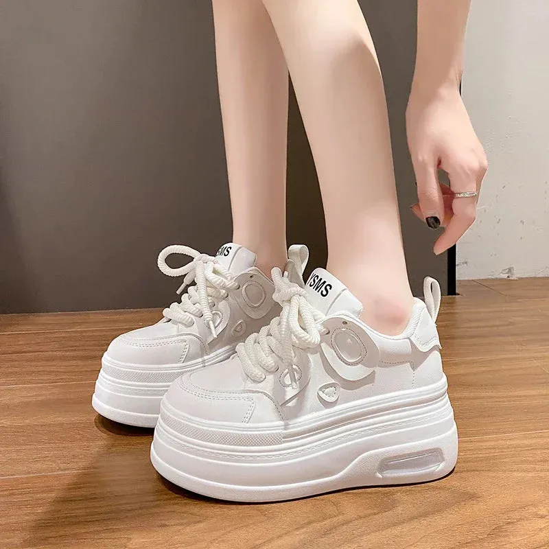 Fashion Tide 8CM High Platform Shoes Womens Chunky Sneakers Real Leather Height Increasing Sports Shoe Basketball Walking Shoe
