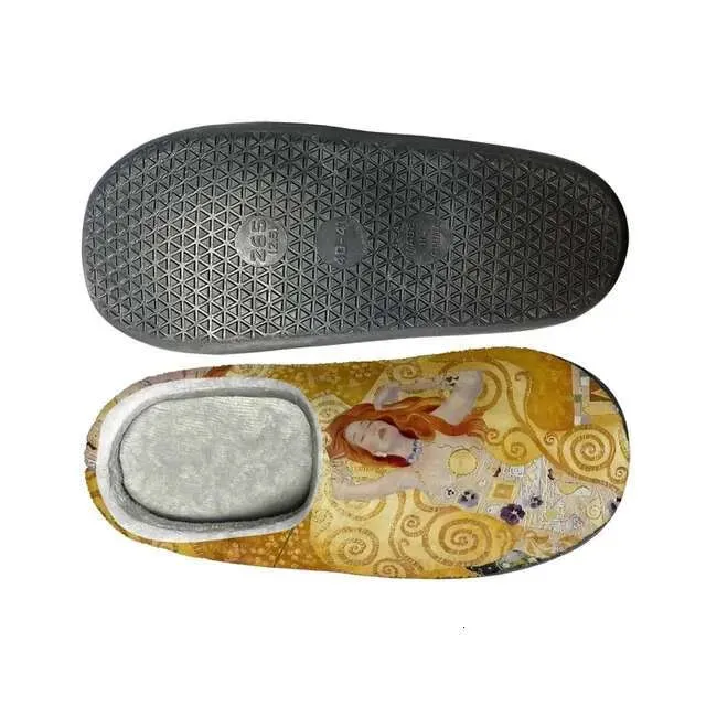 Flannel Cotton Slippers Oil Painting Kiss Gustav Klimt Winter Warm Round Toe Fuzzy Shoes Indoor Anti-slip Sandals Women  New