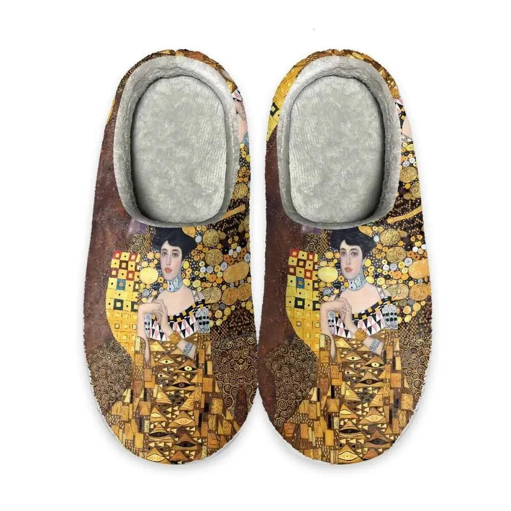 Flannel Cotton Slippers Oil Painting Kiss Gustav Klimt Winter Warm Round Toe Fuzzy Shoes Indoor Anti-slip Sandals Women  New