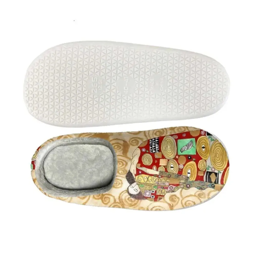 Flannel Cotton Slippers Oil Painting Kiss Gustav Klimt Winter Warm Round Toe Fuzzy Shoes Indoor Anti-slip Sandals Women  New