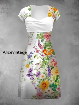 Floral Art Print Short Sleeve Vintage Midi Dress