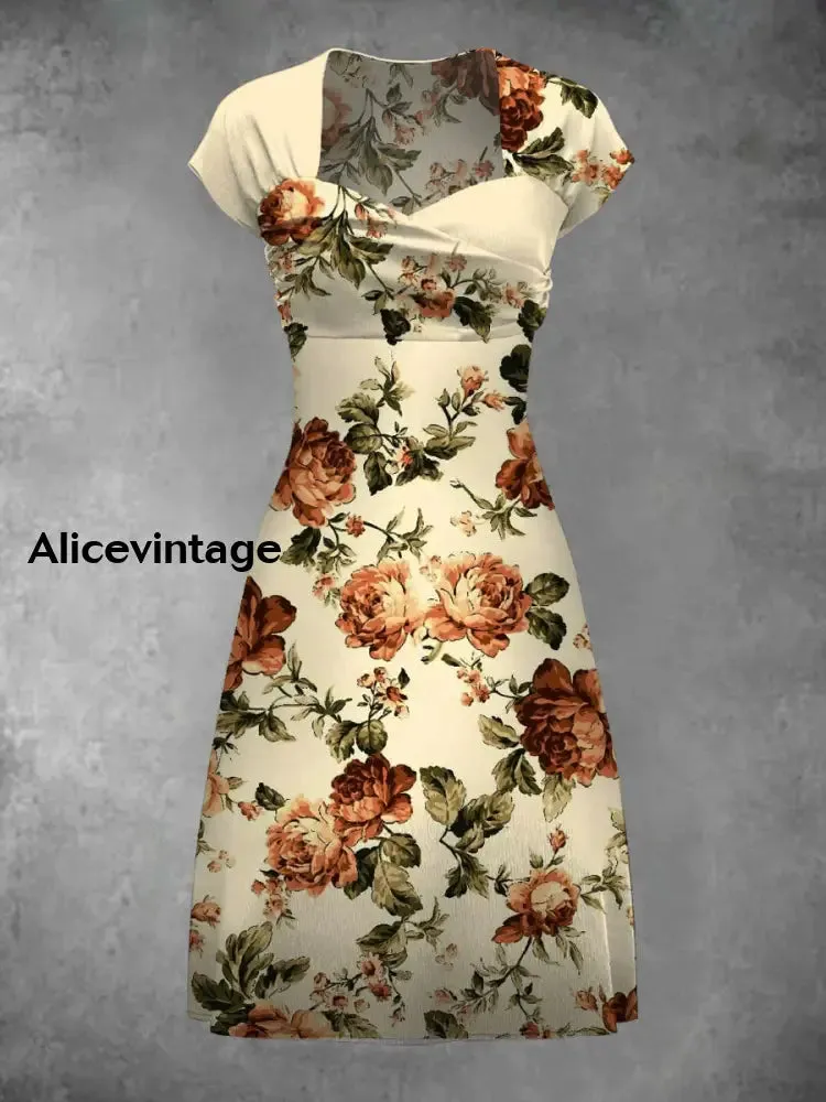 Floral Art Print  Vintage Elegant Short Sleeve Midi Dress