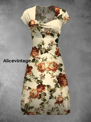 Floral Art Print  Vintage Elegant Short Sleeve Midi Dress