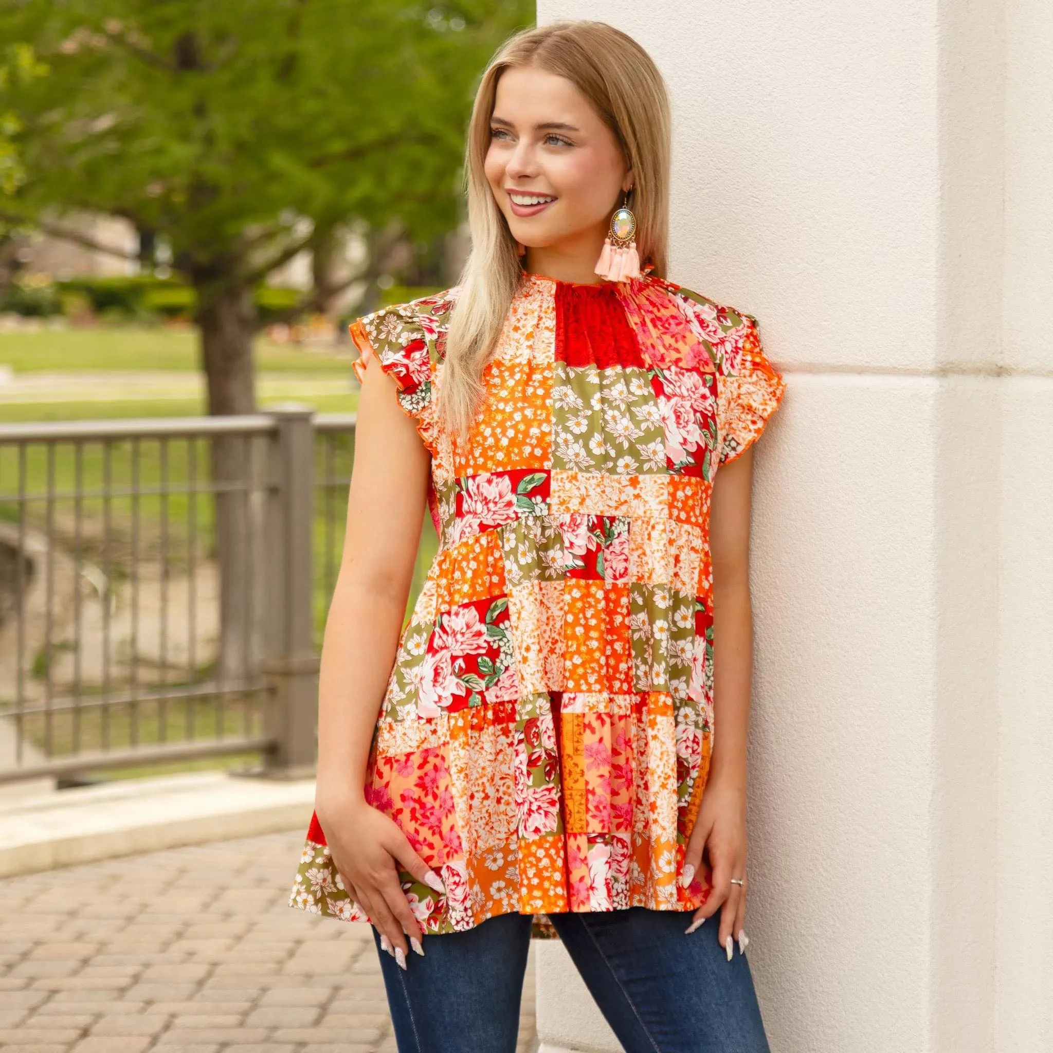Floral patchwork baby doll top with cap sleeves
