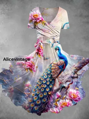 Floral Peacock Print V-Neck Short Sleeve Vintage Two-Piece Midi Dress