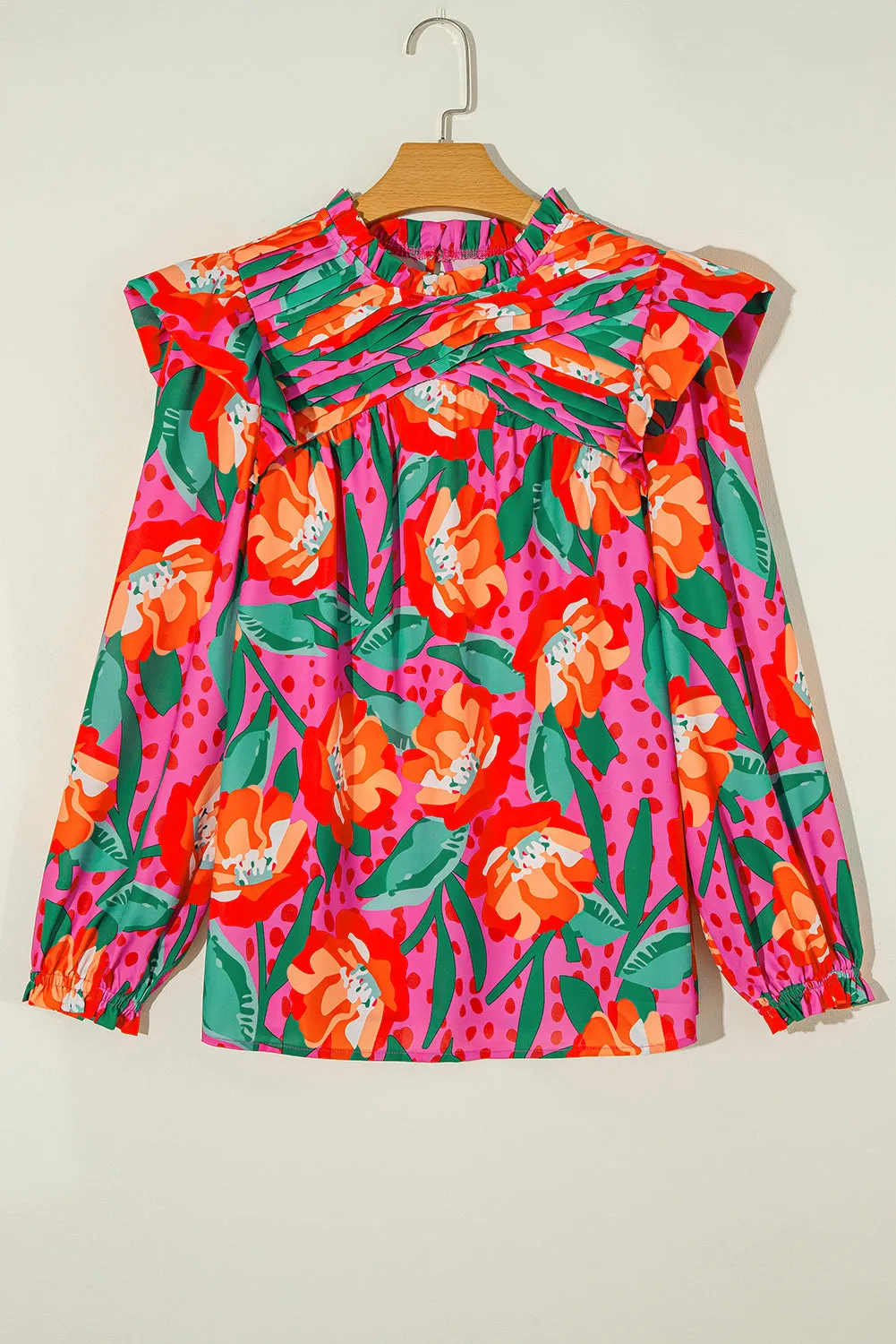 Floral Print Pleated Ruffled Plus Size Blouse