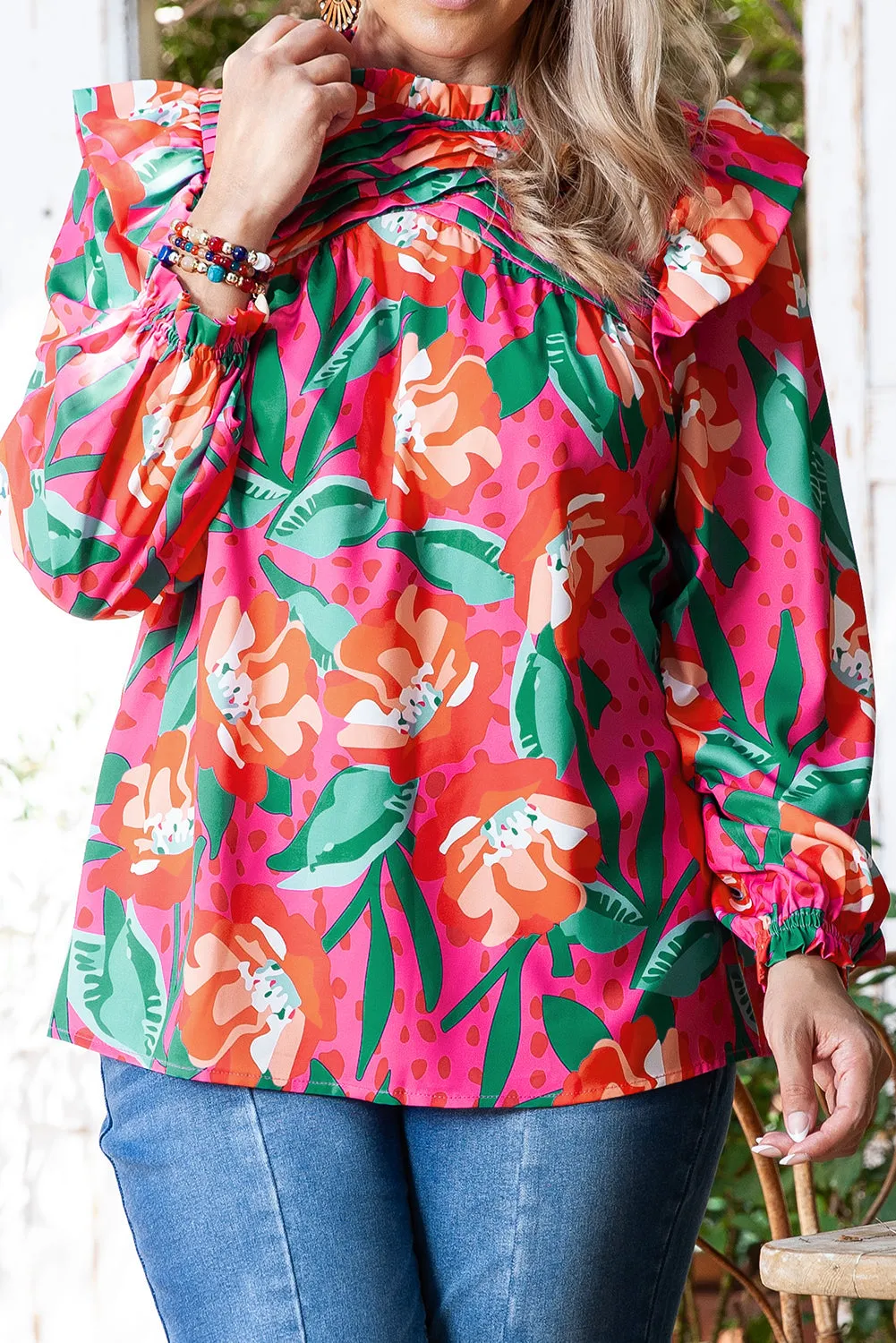 Floral Print Pleated Ruffled Plus Size Blouse