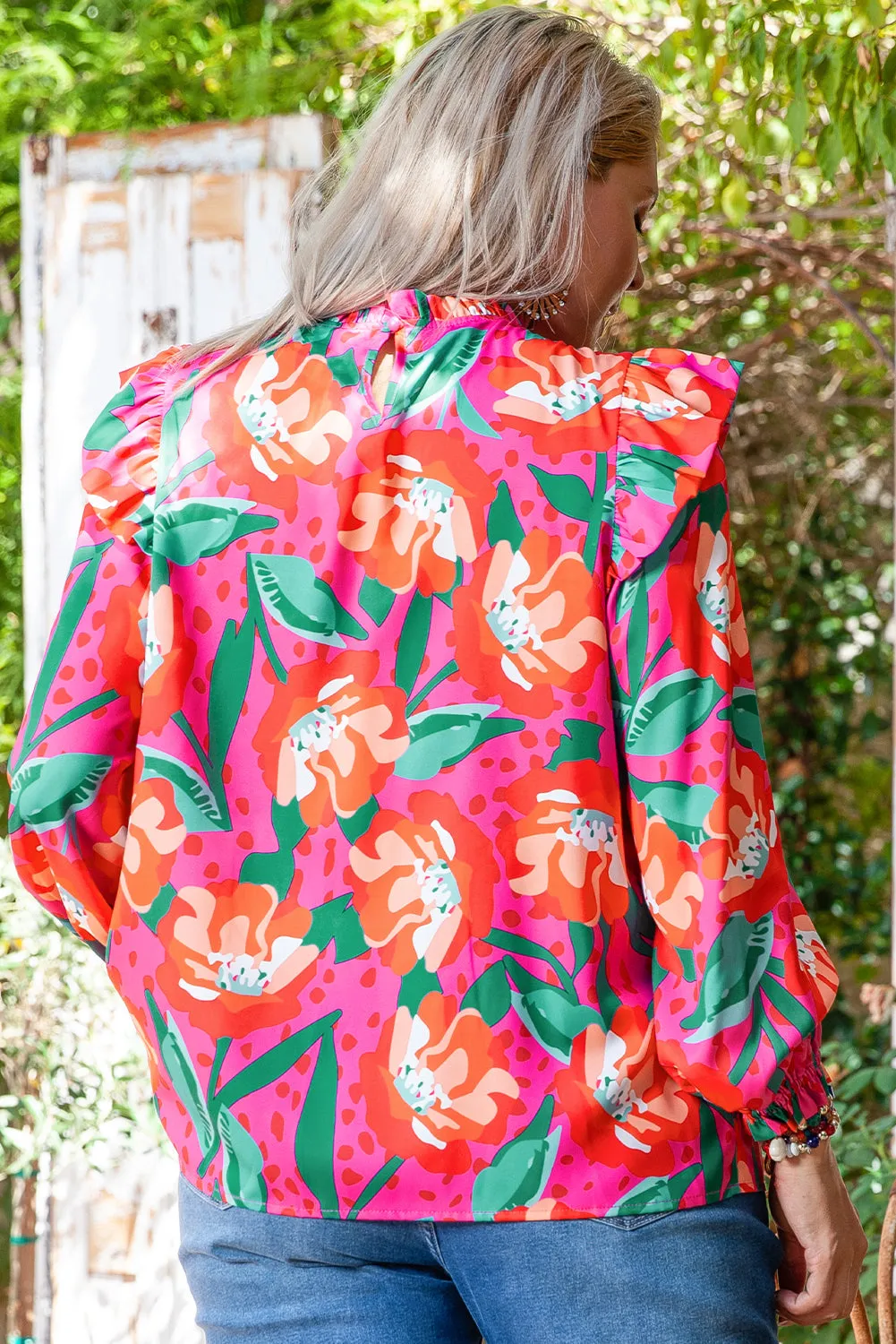 Floral Print Pleated Ruffled Plus Size Blouse