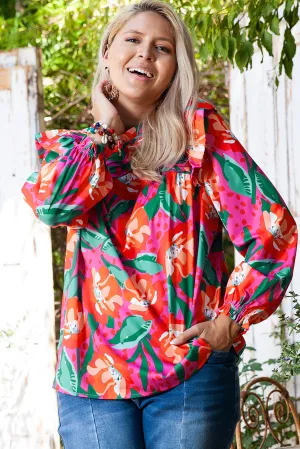 Floral Print Pleated Ruffled Plus Size Blouse