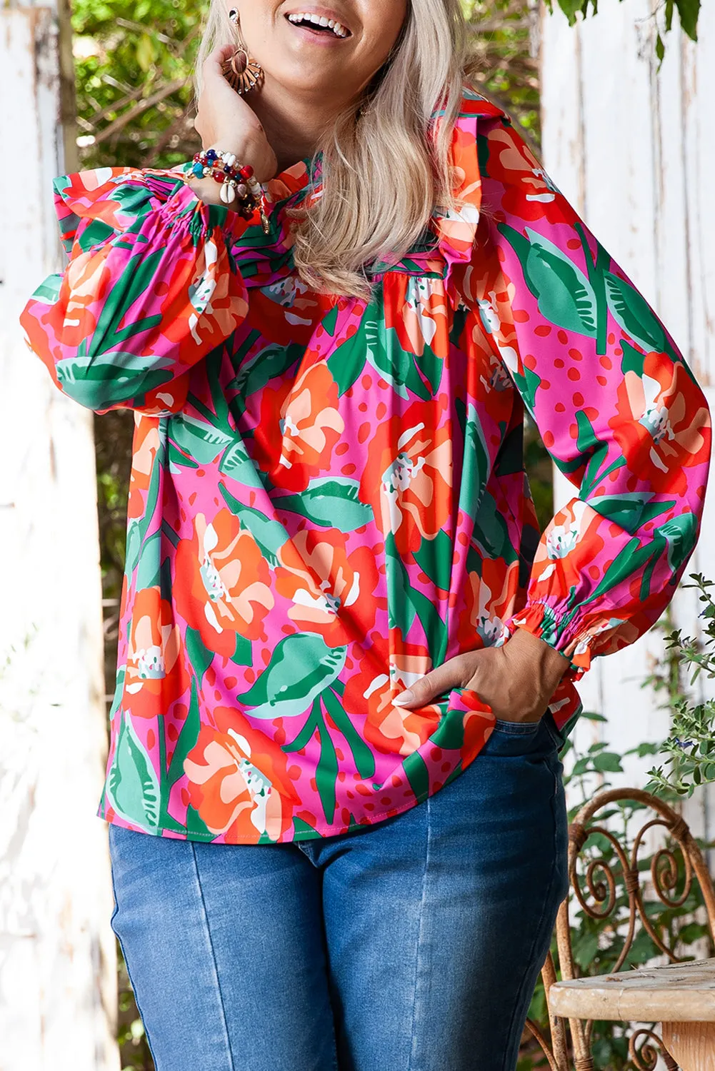Floral Print Pleated Ruffled Plus Size Blouse