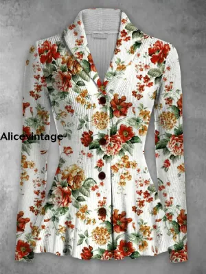 Floral Print Vintage Elegant Lapel V-Neck Button Up Long Sleeve Top