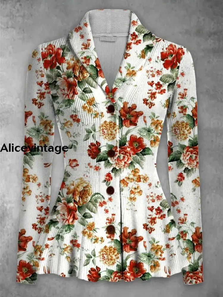 Floral Print Vintage Elegant Lapel V-Neck Button Up Long Sleeve Top