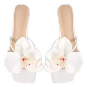 Flower Square Toe Chunky Heel Sandals Mules