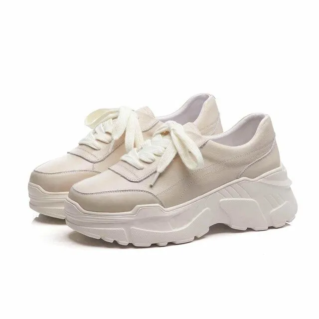full grain leather platform streetwear superstar lace up round toe white sneakers leisure vulcanized shoes L97