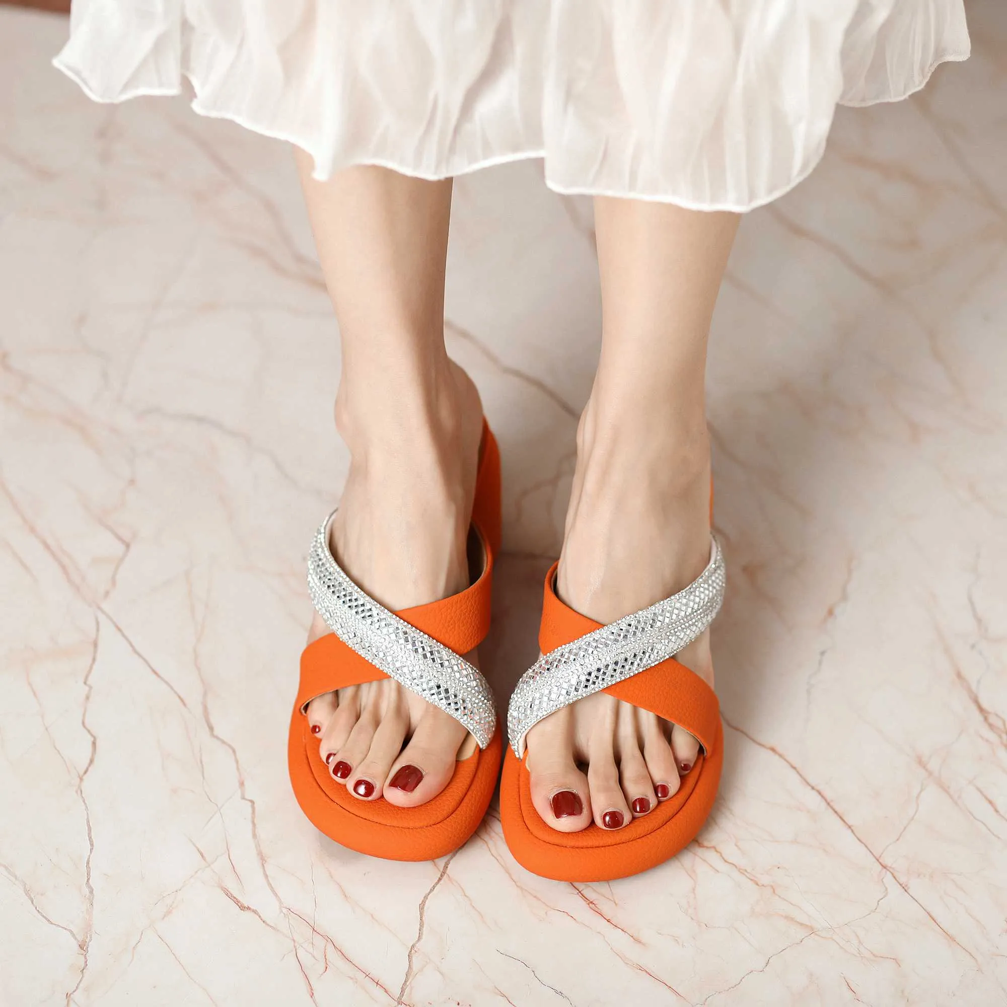 Genuine Leather High Heel Platform Mules Bling Women Sandals