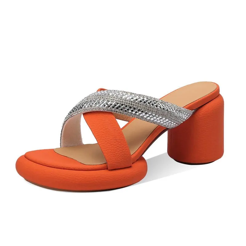 Genuine Leather High Heel Platform Mules Bling Women Sandals