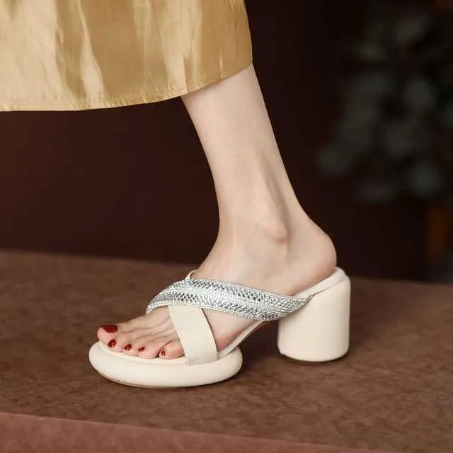 Genuine Leather High Heel Platform Mules Bling Women Sandals