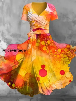 Gradient Marble Art Print V-Neck Short Sleeve Two-Piece Vintage Midi Dress