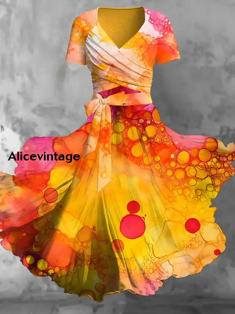 Gradient Marble Art Print V-Neck Short Sleeve Two-Piece Vintage Midi Dress