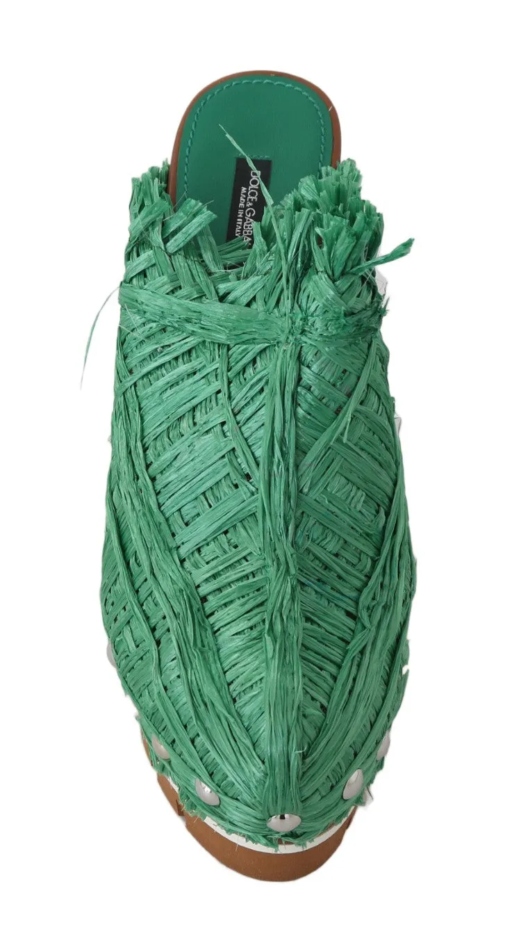 Green Raffia Mules Wood Heels Slides
