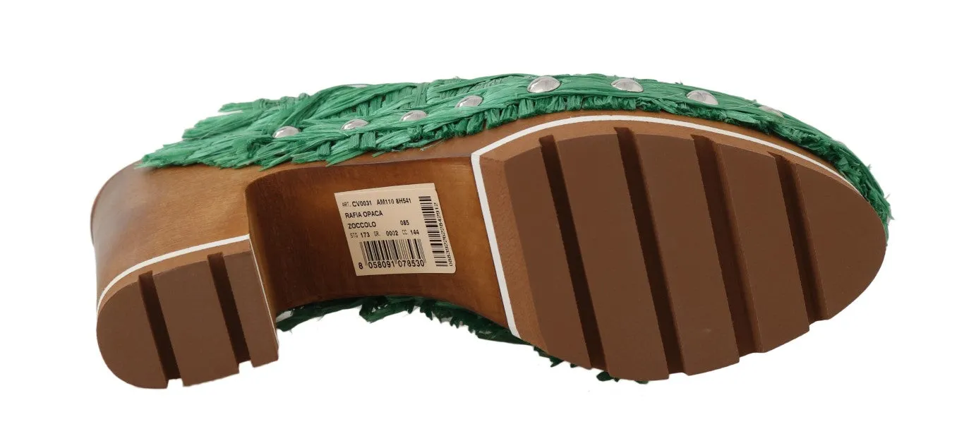 Green Raffia Mules Wood Heels Slides