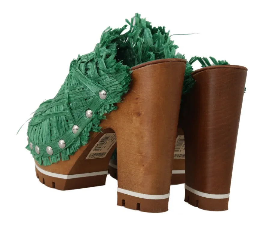 Green Raffia Mules Wood Heels Slides
