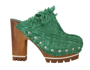 Green Raffia Mules Wood Heels Slides