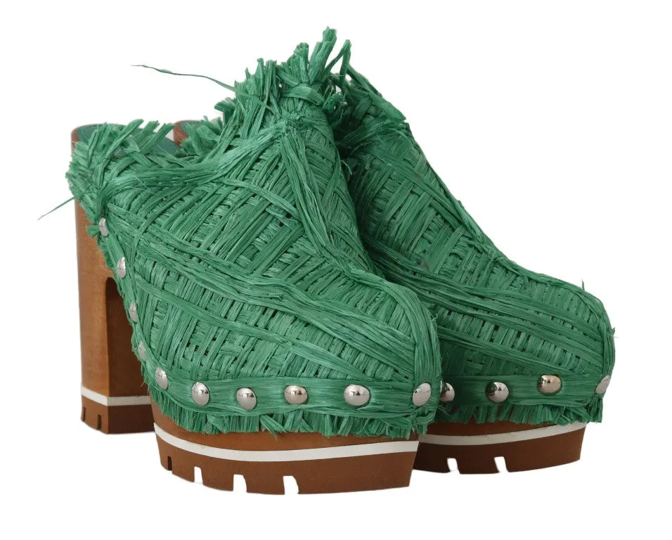 Green Raffia Mules Wood Heels Slides
