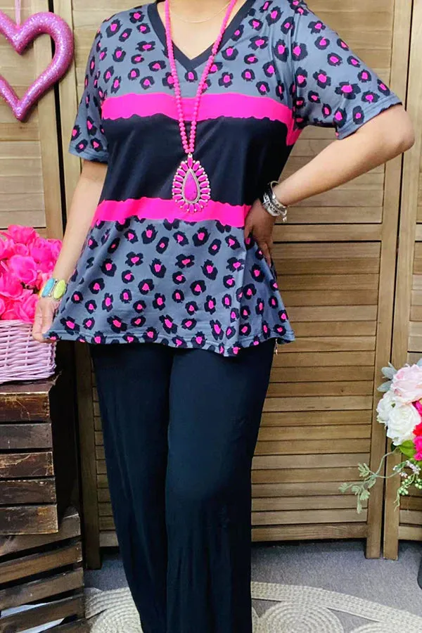 Grey & Pink leopard short sleeve top