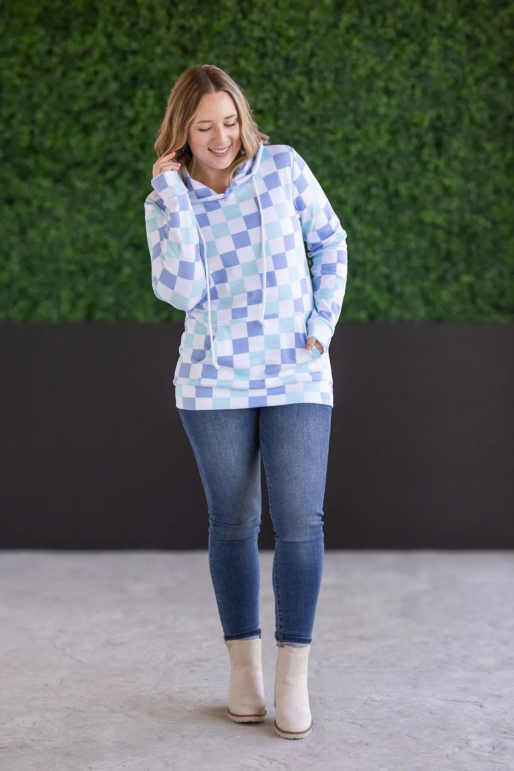 Hailey Pullover Hoodie - Blue and Mint Checker