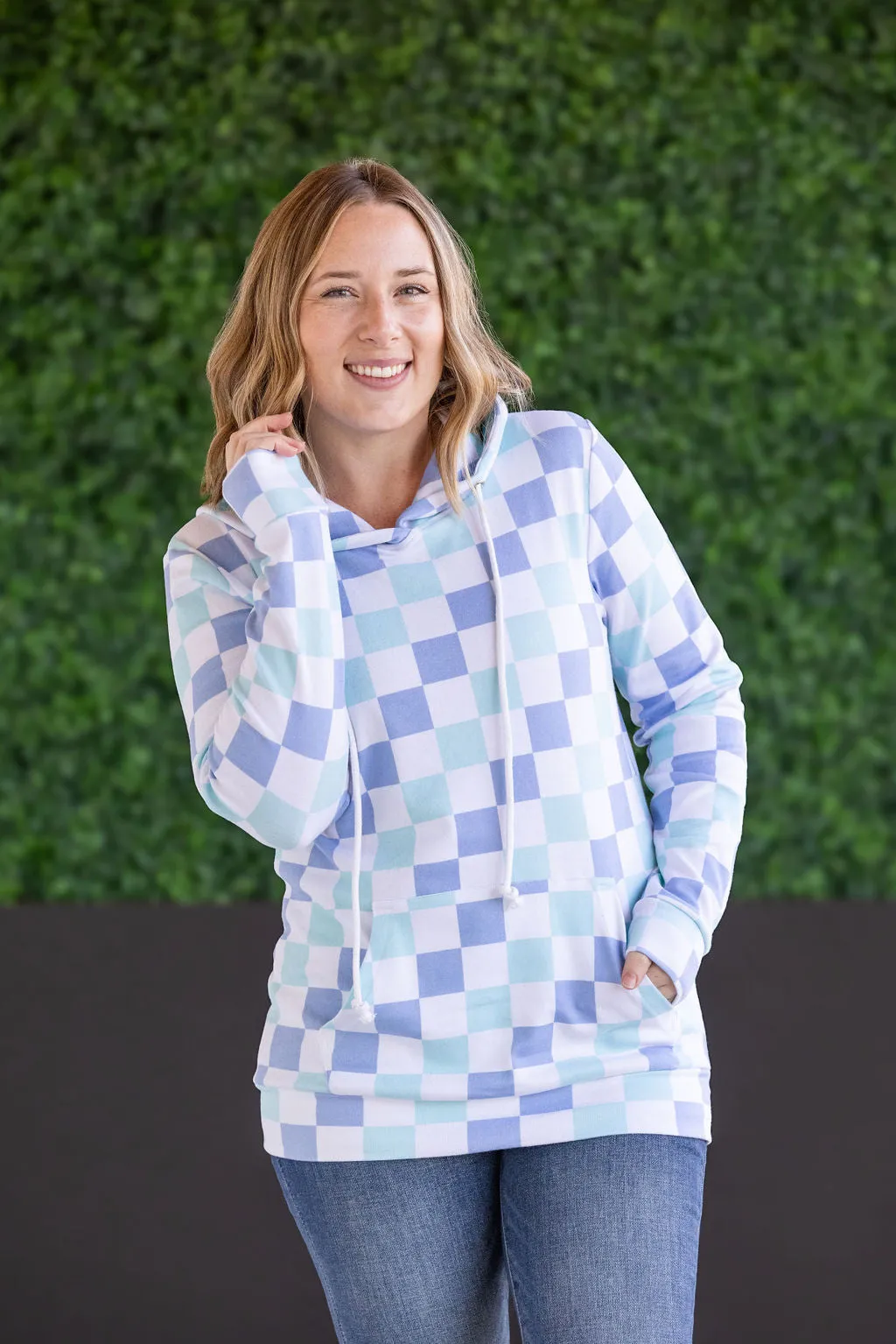 Hailey Pullover Hoodie - Blue and Mint Checker