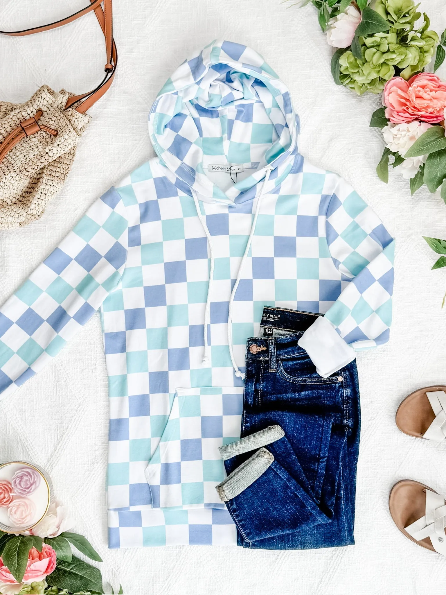 Hailey Pullover Hoodie - Blue and Mint Checker