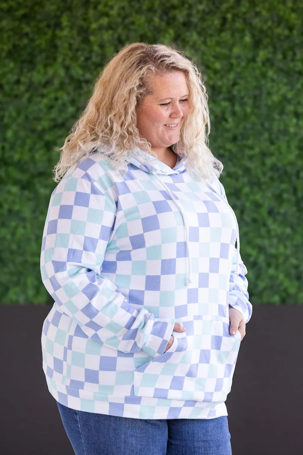 Hailey Pullover Hoodie - Blue and Mint Checker