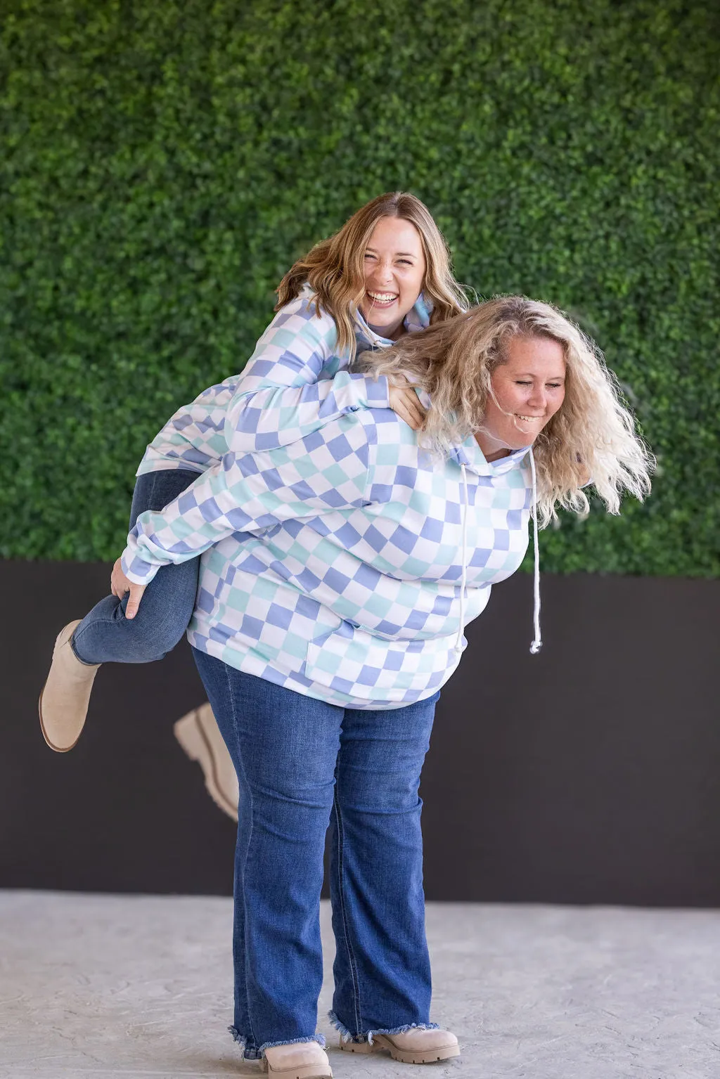 Hailey Pullover Hoodie - Blue and Mint Checker