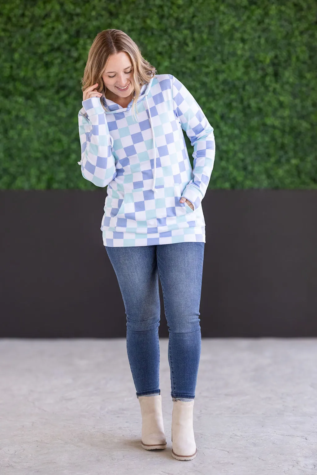 Hailey Pullover Hoodie - Blue and Mint Checker
