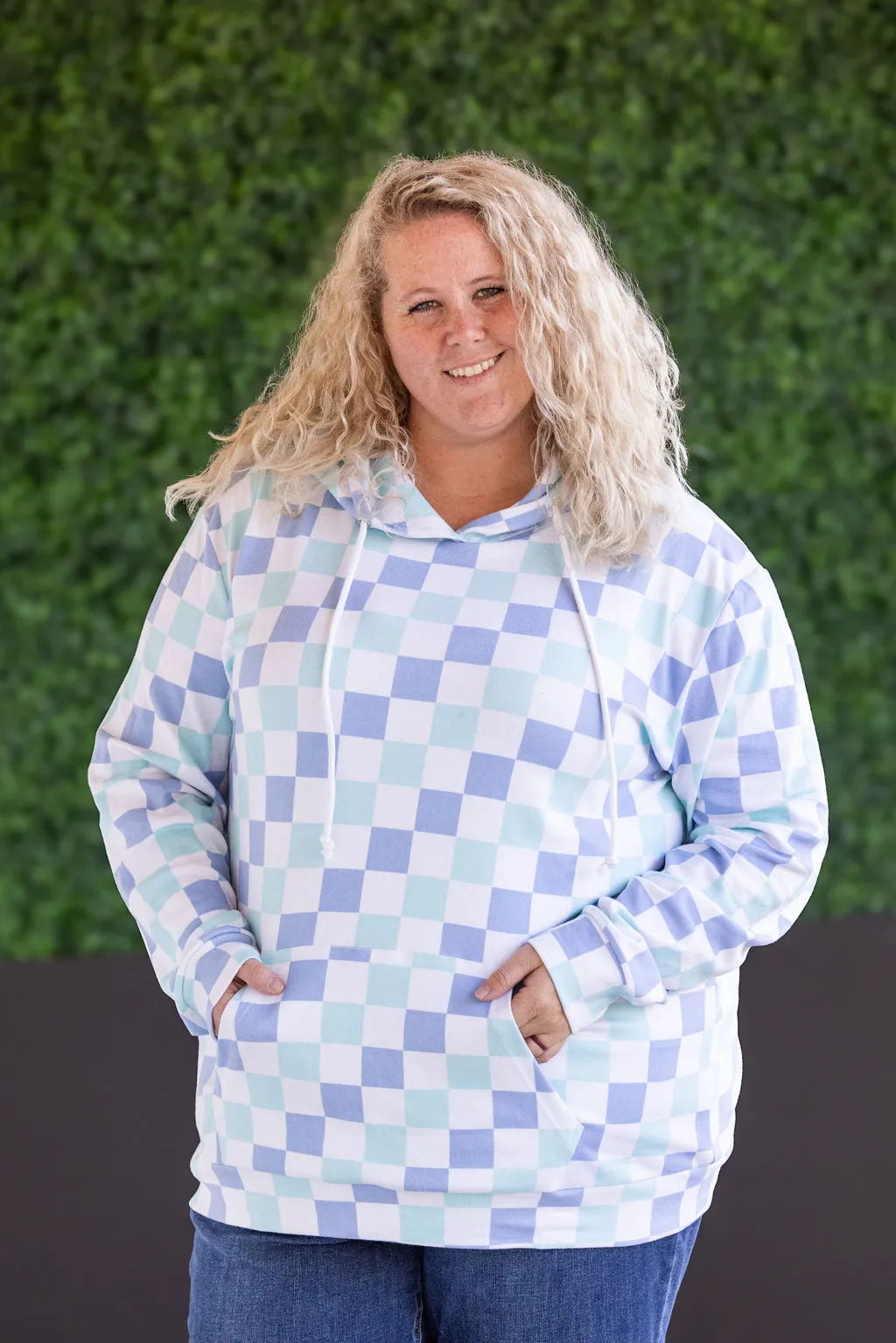 Hailey Pullover Hoodie - Blue and Mint Checker