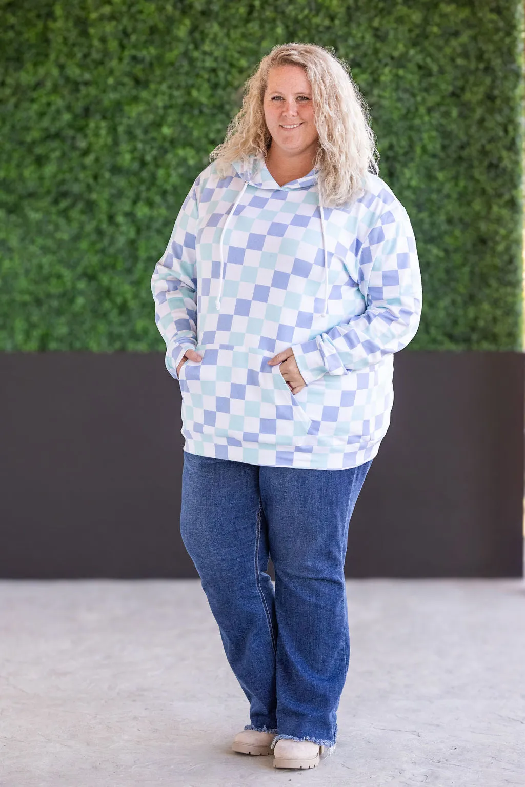 Hailey Pullover Hoodie - Blue and Mint Checker