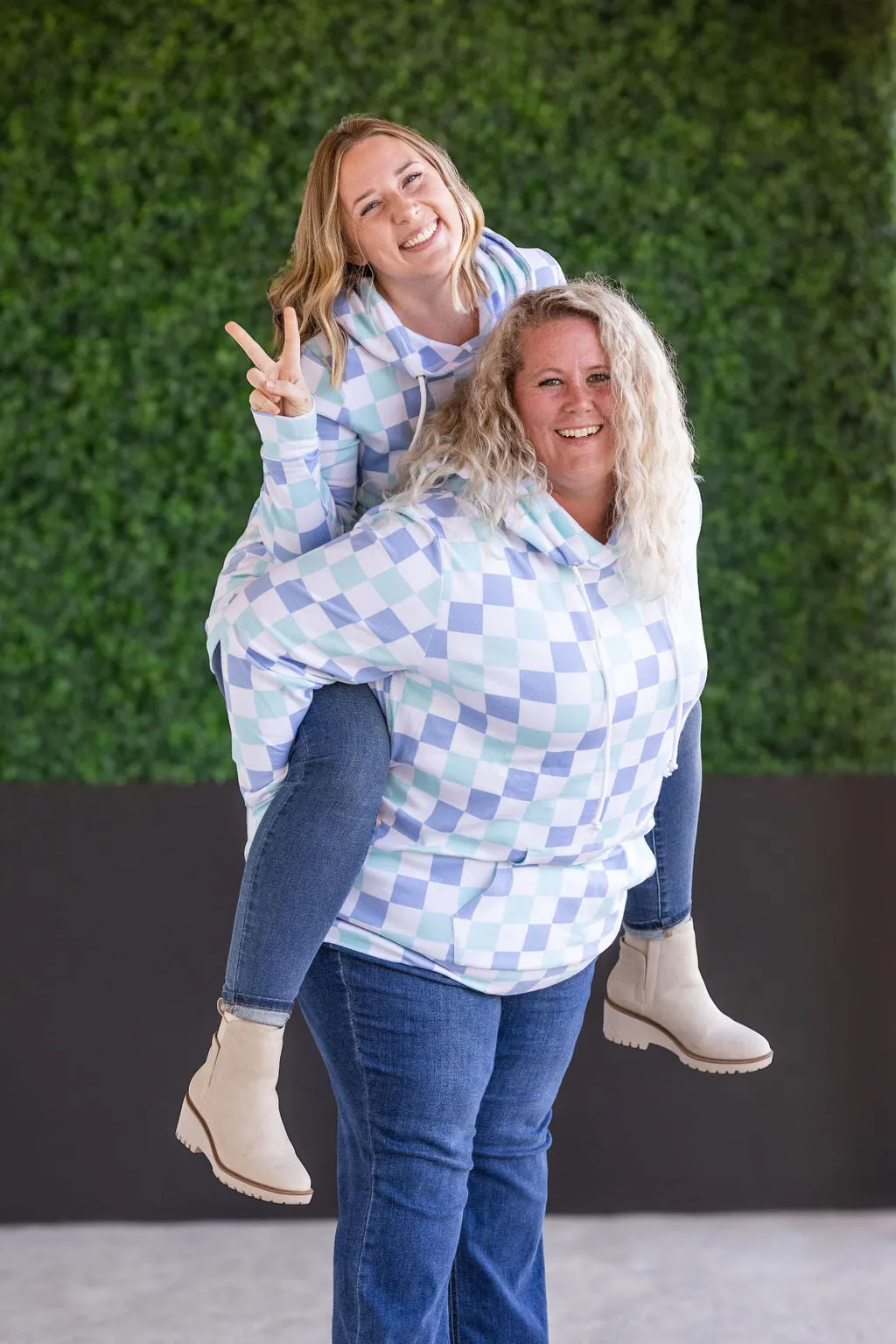 Hailey Pullover Hoodie - Blue and Mint Checker