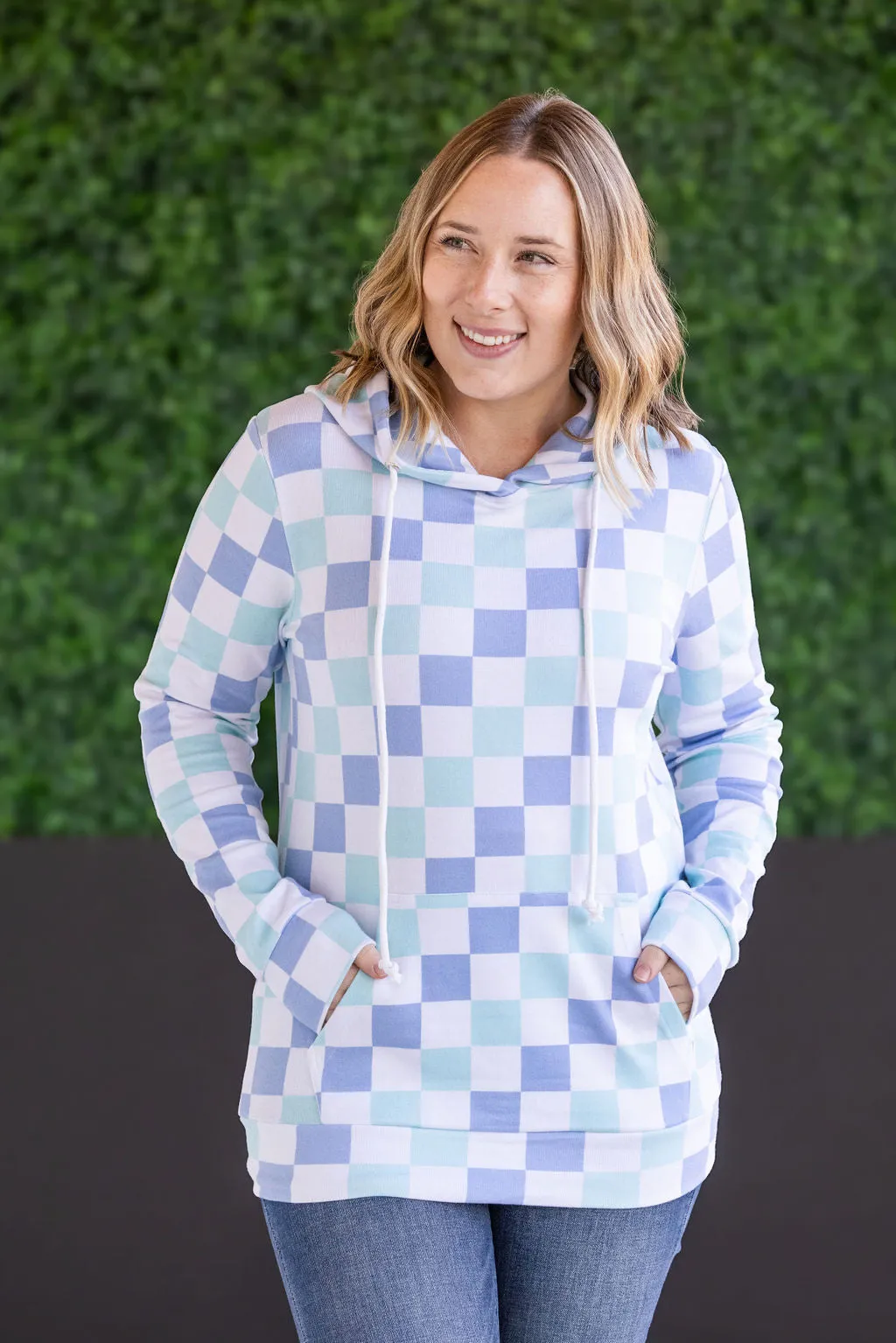 Hailey Pullover Hoodie - Blue and Mint Checker